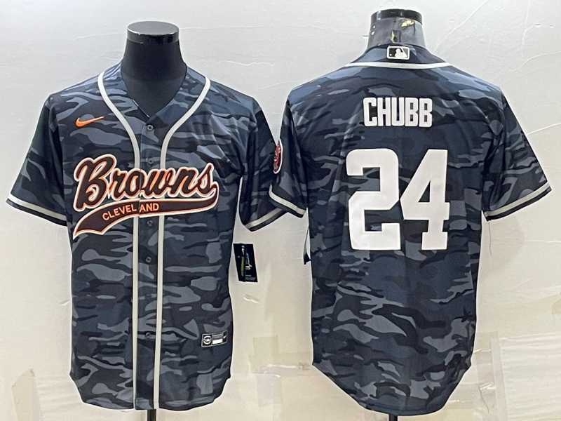 Men%27s Cleveland Browns #24 Nick Chubb Grey Camo With Patch Cool Base Stitched Baseball Jersey